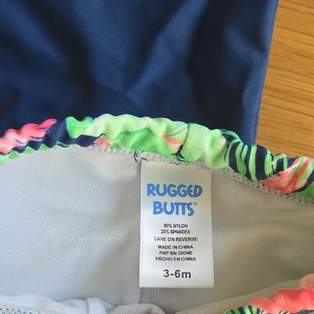 Rugged Butts Tropical Palm Navy Kids  Swim Suit Set, Adorable 3-6mos, EUC, Beach